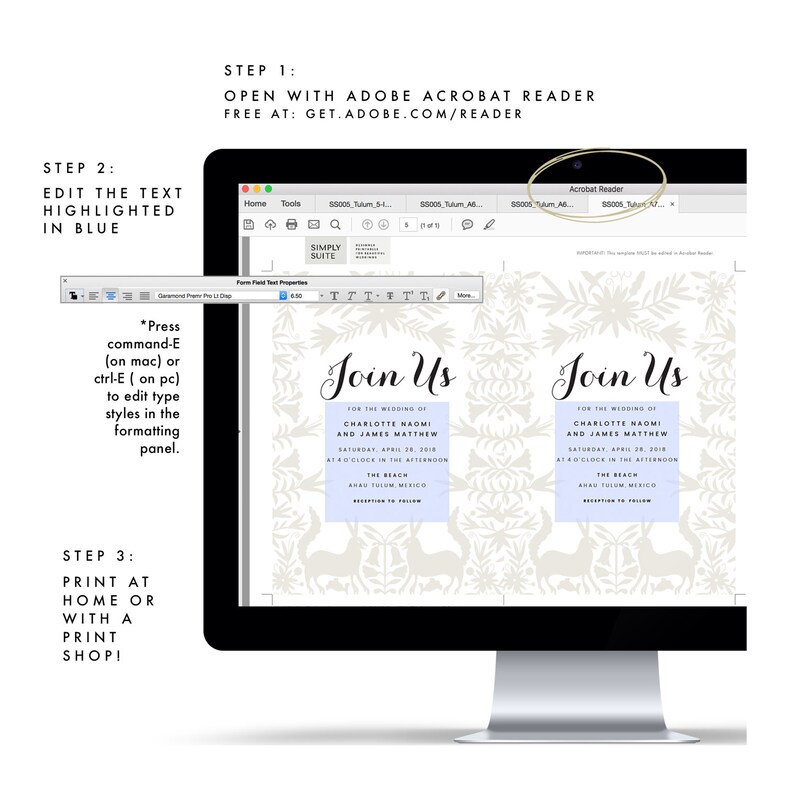 May include: A computer monitor displays a wedding invitation template with the words "Join Us." Instructions are provided to edit the text in blue using Adobe Acrobat Reader. The template features a floral and deer design.