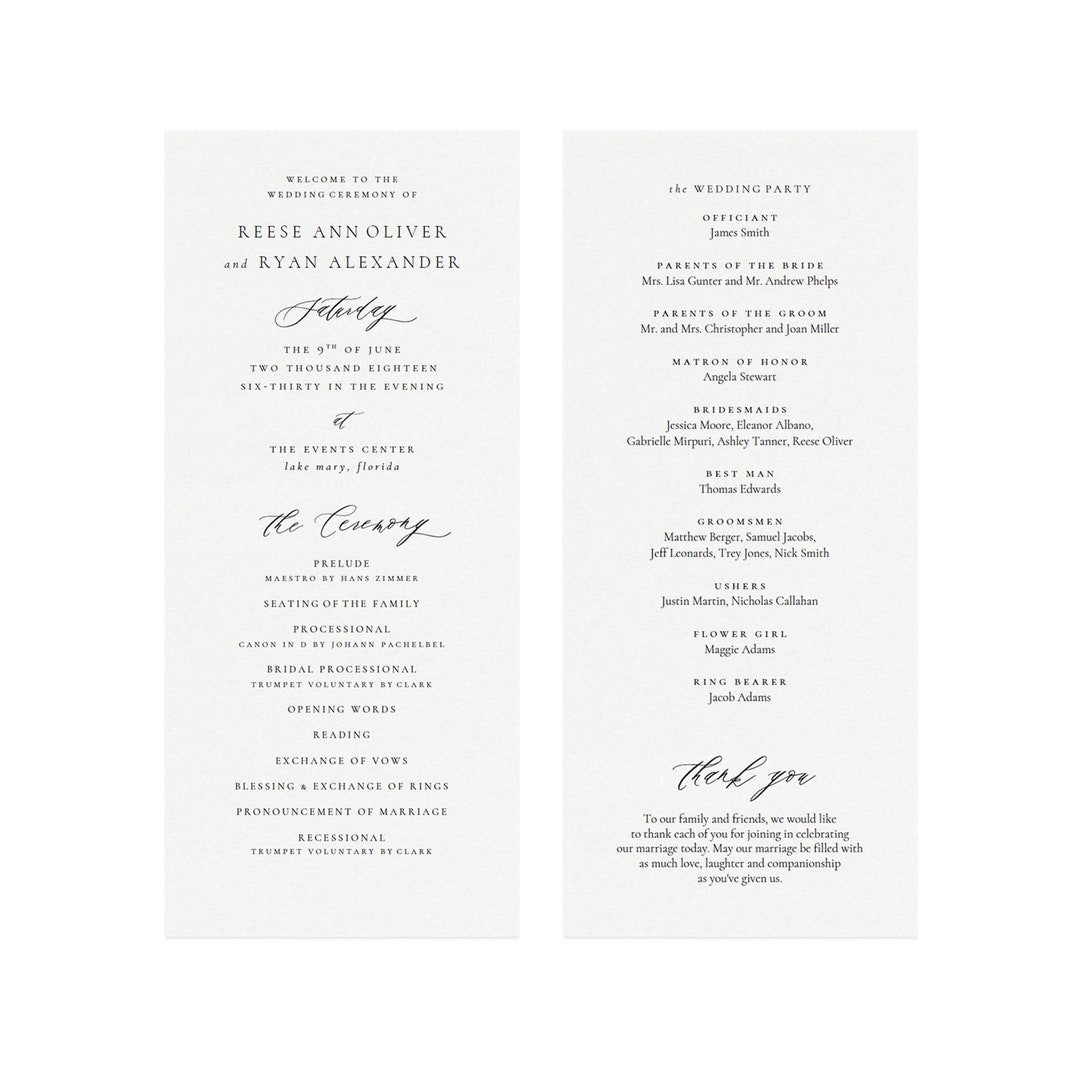 Reese Printable 4x9 Wedding Program Template In Black Etsy