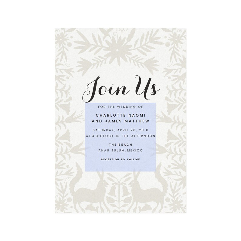 May include: Wedding invitation with a floral and animal pattern in light gray. The text "Join Us" is in elegant script. Details include the names Charlotte Naomi and James Matthew, date, time, location, and "Reception to Follow."