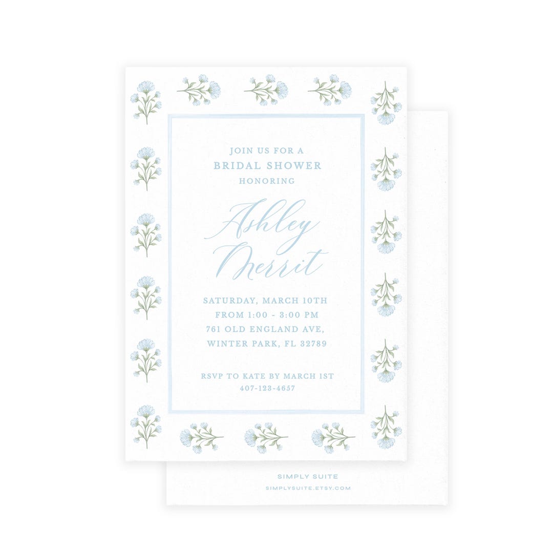 PRINTABLE Shower Invitation Blue Bridal Shower Invite, Timeless Floral ...