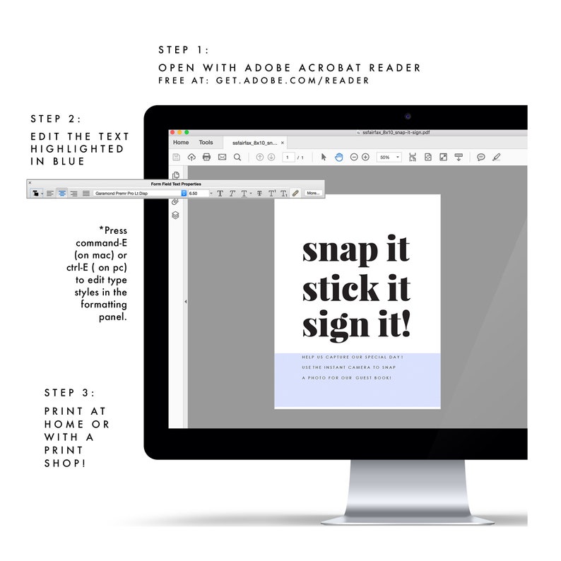 Modern Wedding Sign Fairfax: 8x10 Guest Book Sign Snap it Stick it Sign it PDF Template Serif Sign PDF Instant Download Bold