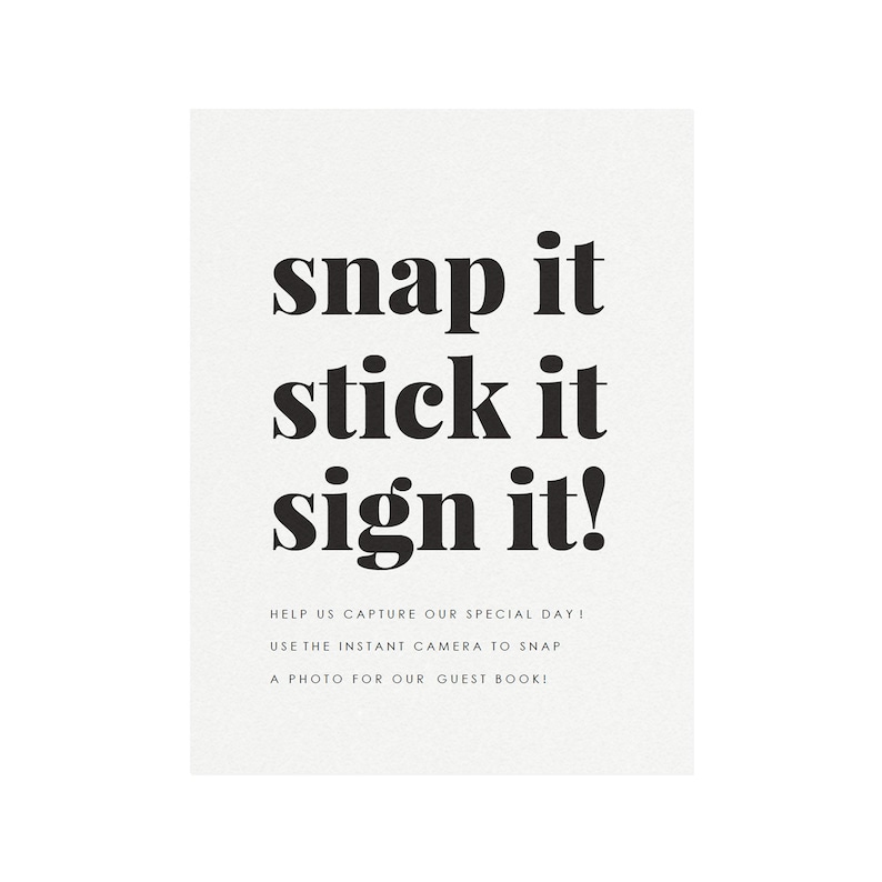 Modern Wedding Sign Fairfax: 8x10 Guest Book Sign Snap it Stick it Sign it PDF Template Serif Sign PDF Instant Download Bold