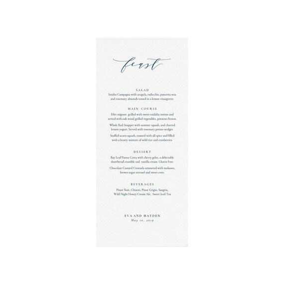 melia dinner menu template in navy 4x9 25 and 11x17 etsy