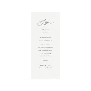 Reese: 4x9 Menu Template, Supper Menu, Calligraphy, Classic Wedding Reception, Dinner Party, Minimalist,  Editable PDF Instant Download
