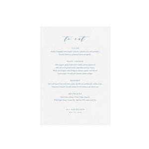 Melia: Printable 5x7 Dinner Menu Template in Cobalt Blue, Calligraphy Wedding Menu, Minimalist Menu, Simply Editable PDF Instant Download