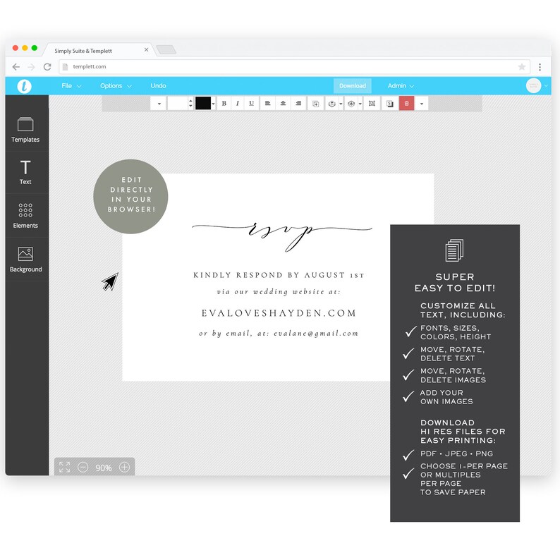 Email Reply Melia: RSVP Card in Black Calligraphy Minimal Template Editable Templett Instant Download Printable Wedding Website RSVP Card