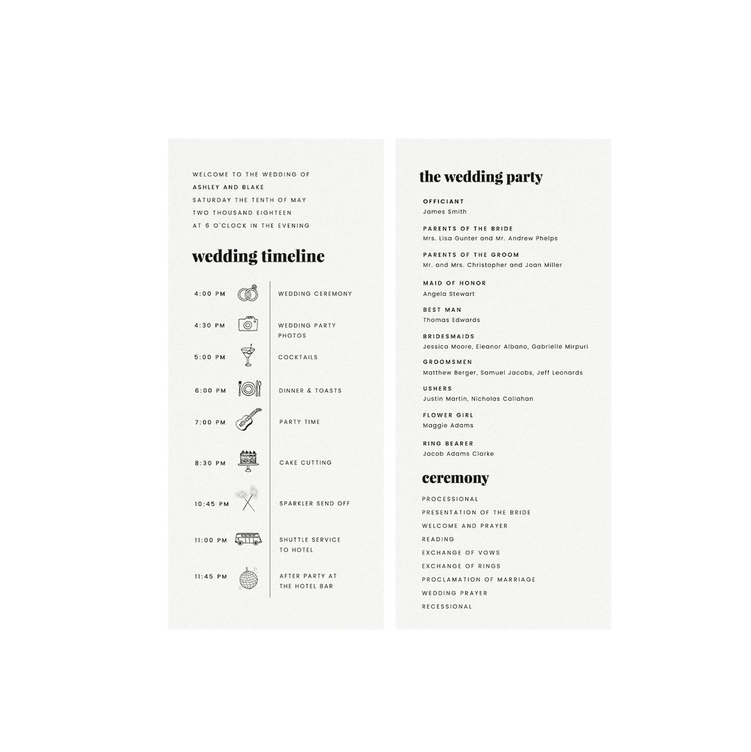 Wedding Timeline Program Template: DIY Editable, Icon Details (instant ...
