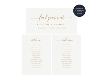 May include: Elegant wedding seating chart with gold script text on a textured off-white background. The top card reads "find your seat" with the couple's names and date. Two additional cards list guest names.
