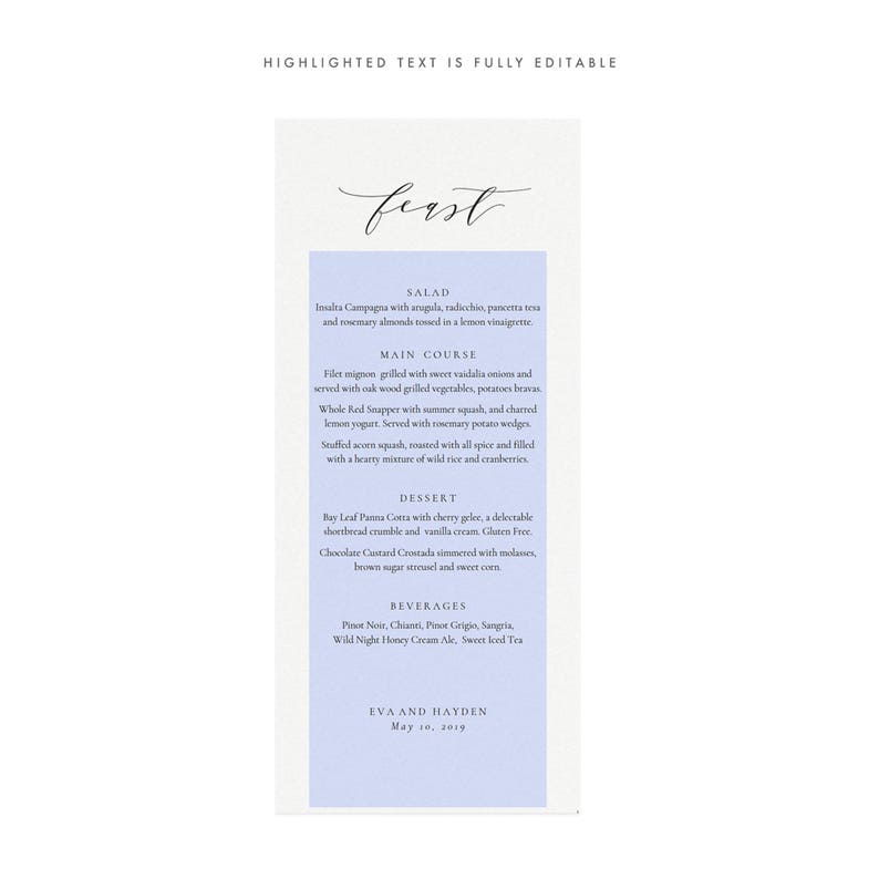 Simply Editable PDF Instant Download Melia: Printable 4x9.25 Dinner Menu Template in Black Calligraphy Wedding Menu Minimalist Menu