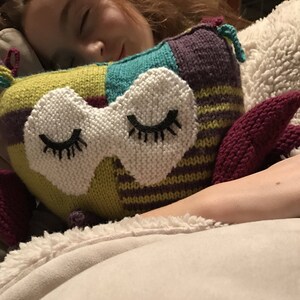 May include: A close-up of a knitted owl pillow with a patchwork design in shades of green, purple, and teal. The owl has white eyes with black eyelashes and a pink nose. The pillow is resting on a white blanket.