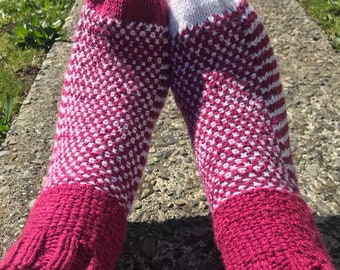Handmade Knit Socks, Pink & Sparkly White Yarn