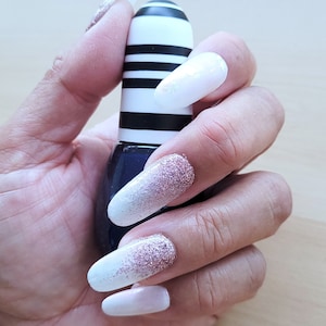 Rose Gold Ombre Press On Nails – Milky White Gel Nails –Reusable Hand-Painted Bridal Nails –Long Oval Fake Nails – Customizable Nail Art Set