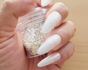 Salon quality milky white pearl press on gel nails in almond, ballerina, oval, stiletto, square, short, medium, long, XL, shiny, matte