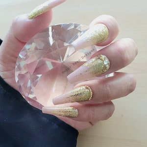 Salon quality Glitter gold pink press on gel nails in almond, ballerina, oval, stiletto, square, short, medium, long, XL, shiny, matte
