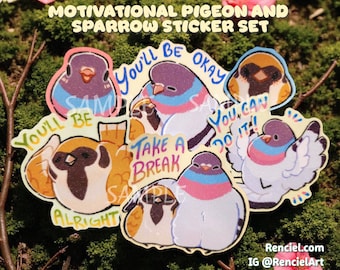 May include: A collection of vibrant stickers showcasing cartoon pigeons and sparrows with uplifting messages. The stickers display various designs, including birds with phrases such as "You'll be okay" and "Take a break". The stickers are set against a green backdrop.