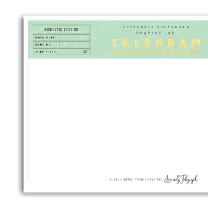 May include: A blank telegram form with a green background and yellow text. The form has sections for domestic and international service, with fields for date sent, sent by, and time filed.