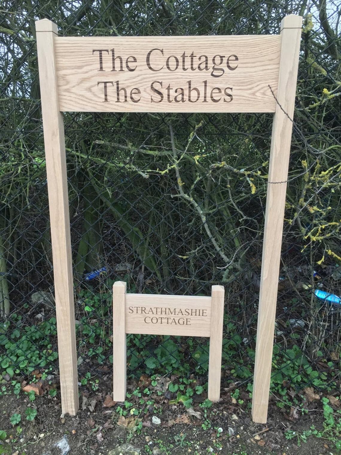 Oak House Sign with posts, carved, personalised custom engraved wooden plaque, upright standing solid oak engraved entrance sign
