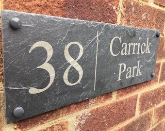 Modern Rustic Slate house gate sign plaque door number personalised name plate Large door number street name house name slate sign plaqte