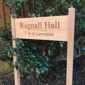 Solid oak engraved house sign plaque, freestanding lawn sign, engraved with your choice of text