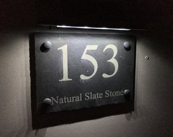 Modern engraved slate solar house sign plaque, natural stone slate house sign solar powered