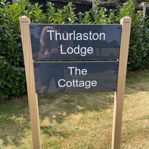 Solid Oak Post and custom multi ladder Acrylic address plaque, personalised custom Gloss Dark Grey standing sign solid oak post