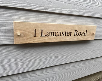 Contemporary House Sign Plaques Door Number 1 - 9999 Personalised Name Plate, solid oak custom engraved wall plate