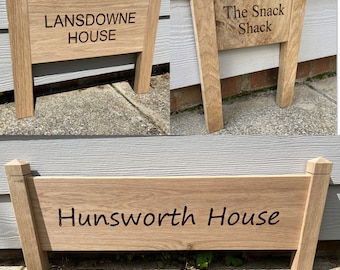 Freestanding wooden Personalised house sign on posts - SOLID OAK custom engraved wooden address sign door number street small driveway sign