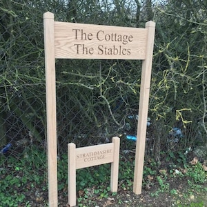 Oak House Sign with posts, carved, personalised custom engraved wooden plaque, upright standing solid oak engraved entrance sign