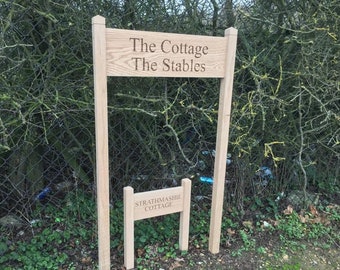 Oak House Sign with posts, carved, personalised custom engraved wooden plaque, upright standing solid oak engraved entrance sign