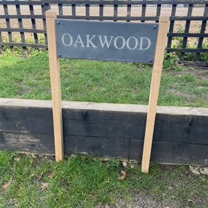 Solid oak post and natural stone slate house name sign plaque, upright slate name plate lane entrance sign with posts, solid oak lawn sign