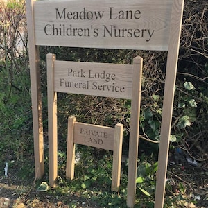 Oak House Sign with posts, carved, personalised custom engraved wooden plaque, upright standing solid oak engraved entrance sign, large oak