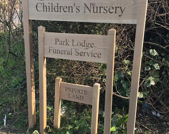 Oak House Sign with posts, carved, personalised custom engraved wooden plaque, upright standing solid oak engraved entrance sign, large oak