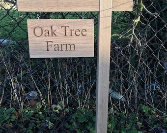 Solid Engraved Oak upright freestanding sign, oak post sign, solid oak custom engraved swing sign