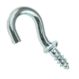 May include: A silver metal screw-in hook with a rounded hook and a screw thread.