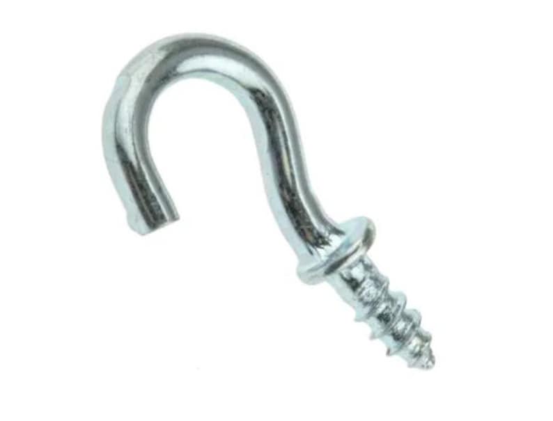 May include: A silver metal screw-in hook with a rounded hook and a screw thread.
