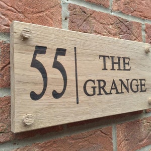 Personalised Oak House sign, carved, custom engraved outdoor wooden door number and street name address plaque
