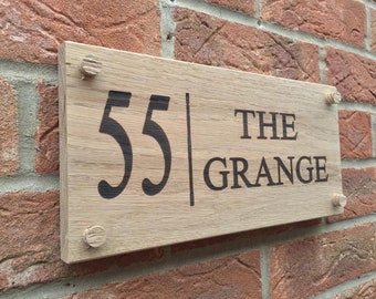 Personalised Oak House sign, carved, custom engraved outdoor wooden door number and street name address plaque