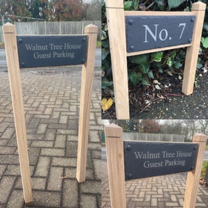 Solid Oak Post und individuell gravierte Schiefer Adressplakette, personalisierte benutzerdefinierte Schiefer Stehschild massive Eichenpfosten Schiefer Auffahrt Beschilderung