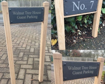 Solid Oak Post and custom engraved slate address plaque, personalised custom slate standing sign solid oak post slate driveway signage