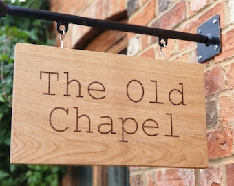Double Sided Engraved oak personalised wooden hanging house name/number sign oak hanging custom sign
