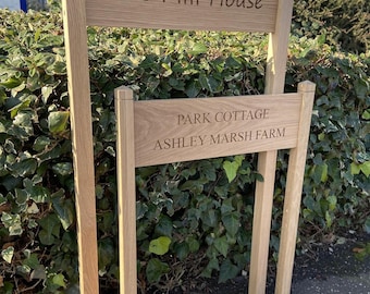 Oak House Sign with Posts, Carved, Personalised Custom Engraved Wooden Plaque Oak Post House Name Standing Entrance Sign