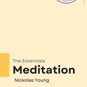Może przedstawiać: Żółto-czarna ilustracja uśmiechniętej twarzy w kółku z tekstem "Haus of Happy" i "Elevate Your Potential". Tekst "The Essentials: Meditation" i "Nickolas Young" znajduje się pod kółkiem.
