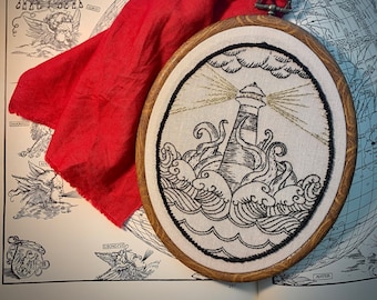 Lighthouse and Kraken Embroidery PDF Pattern Printable Digital File