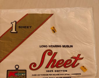 Kmart vintage 100% muslin cotton Full flat sheet white colorway 1970s