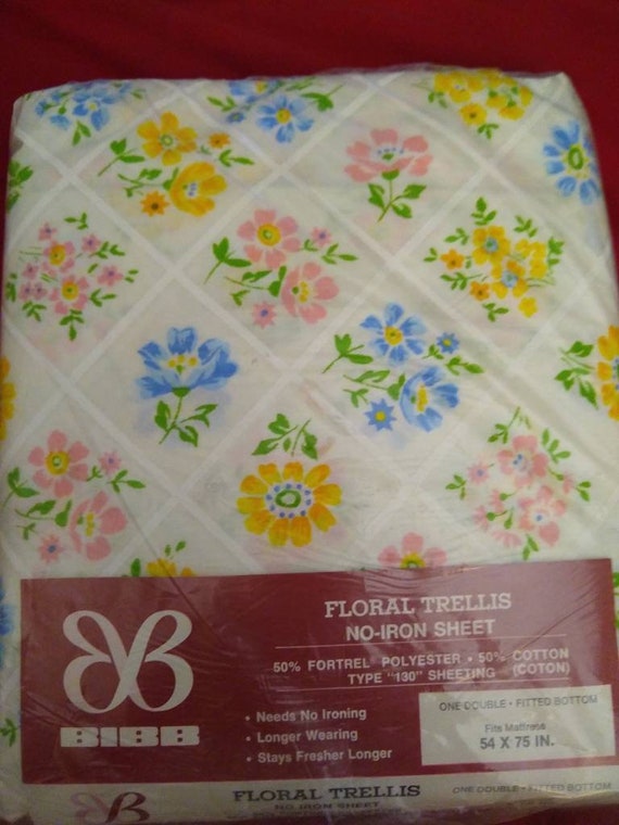 Perma Prest Percale GARDEN TRELLIS Full Flat Sheet Double Bed Floral Vintage