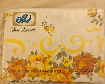 Lady Pepperell 100 percent cotton Full Flat sheet yellow roses pattern New Old Stock 1960s