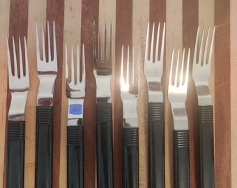 Vintage IKEA Japan, dinner forks,7.5 inches, 18-8 stainless steel, black melamine plastic, set of eight,