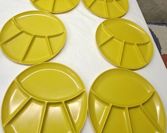 Vintage mustard Melamine divided fondue plates Japan set of six.