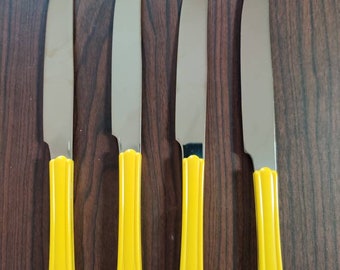 Vintage Japanese Stainless Steel Knives: Yellow Melamine Handles, Set of 4
