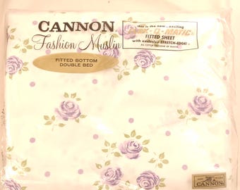 Vintage Cannon Full fitted bottom sheet 100% muslin cotton purple floral pattern